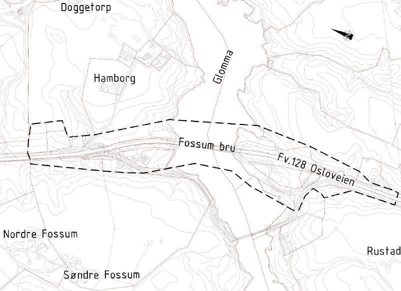 Kart over området rundt Fossum bru - Klikk for stort bilde